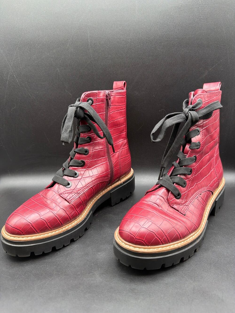 Sun & Stone Burgundy Croc Embossed Combat Boots Women 9 Lace Up Platform Lug Zip